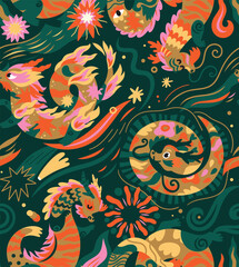 Seamless pattern with Magic dragons in gold, red and green