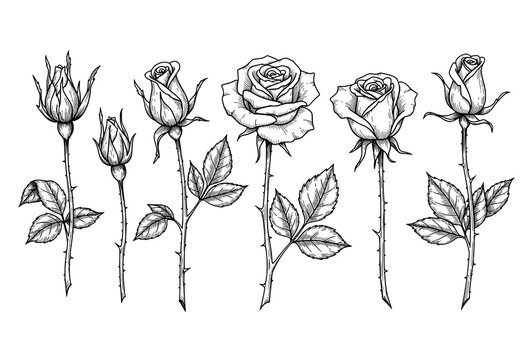 Victorian Rose Tattoo Flash Vector with Antique Botanical Engraving Style