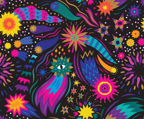 Cosmic Night Garden Seamless pattern in vector