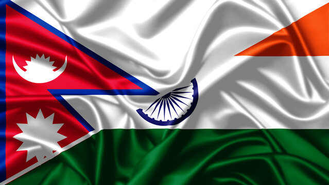 Nepal and india national flags merged in waving form representing bilateral diplomacy and regional cooperation