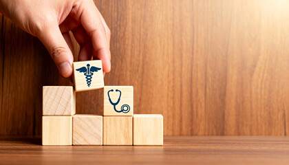 Innovative health solutions building medical icons with wooden blocks studio setting creative imagery close-up view conceptual design for healthcare awareness