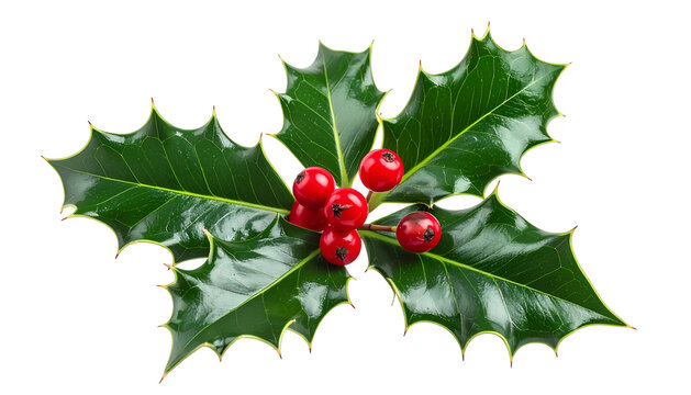 Close-up of glossy green holly leaves with jagged edges and bright red berries - Powered by Adobe
