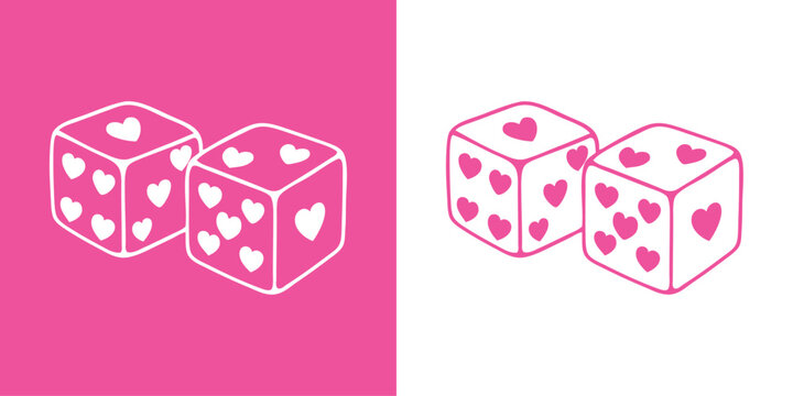 Dibujo de sencillo de dados con corazones de color rosa para tarjetas y felicitaciones de San Valent&iacute;n