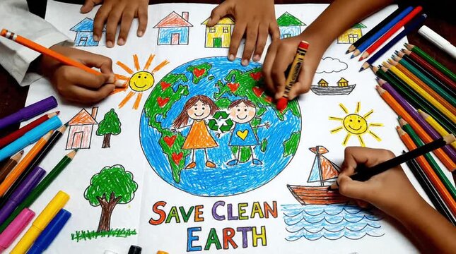 Children's Hands Coloring "Save Clean Earth" Drawing for Environmental Awareness and Planet Protection