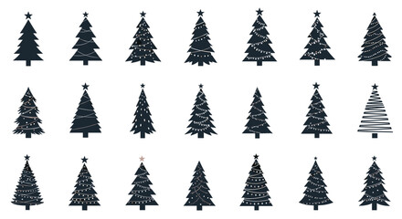 Obraz premium A diverse collection of minimalist Christmas tree icons, featuring various shapes, stars, and festive string lights for holiday designs.