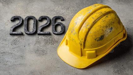 Yellow hard hat beside metallic numbers 2026 on textured concrete surface, symbolizing new beginnings and construction themes for the upcoming year