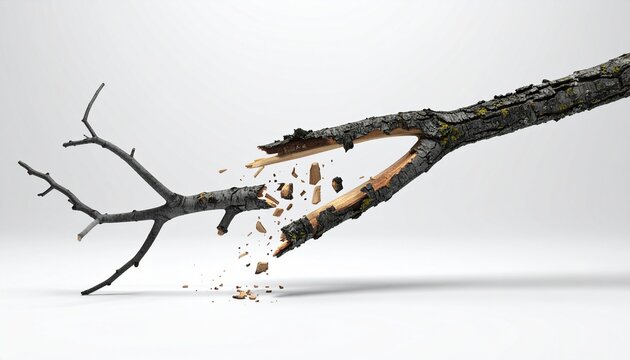 Branch breaking apart on a white background, showing splinters flying in multiple directions during a break