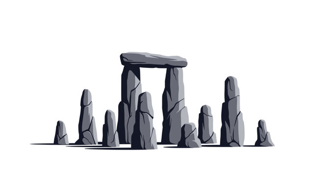 Pixel art depiction of a prehistoric stone circle monument resembling Stonehenge, standing starkly on a white background.