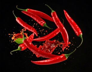 Vibrant red chili peppers exploding in mid-air with splashing sauce