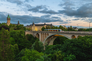 Scenery of Adolphe Bridge and the clock tower in Luxembourg city, Luxembourg