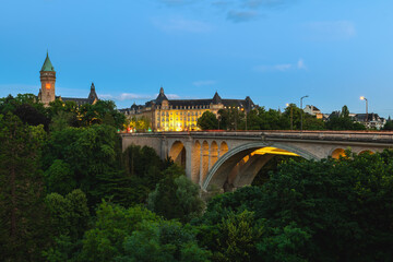 Scenery of Adolphe Bridge and the clock tower in Luxembourg city, Luxembourg