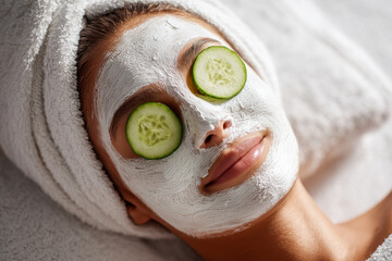 Woman lying down with a white facial mask and fresh cucumber slices on her eyes during a relaxing spa treatment session wrapped in a soft towel headband
