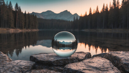 Crystal clear glass sphere reflecting inverted mountain lake forest landscape at dusk, nature photography
