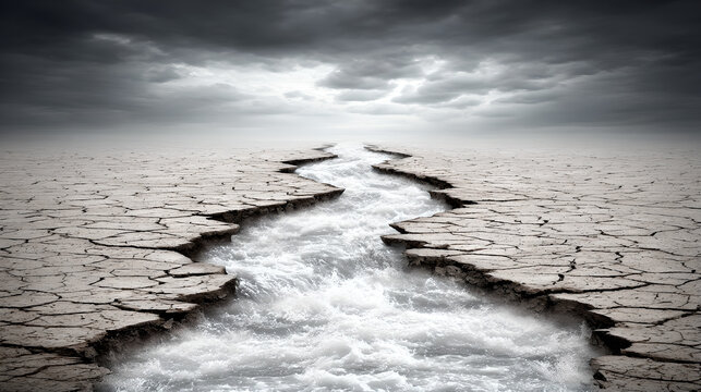 Glowing water stream cutting through cracked dry earth under dramatic sky 