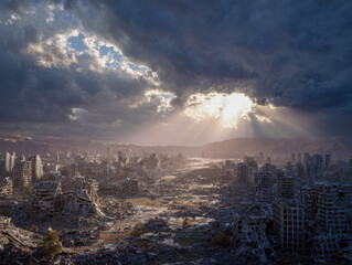 Dystopian cityscape with crumbled buildings and debris under dramatic cloudy sky illuminated by rays of sunlight breaking through the dark storm clouds