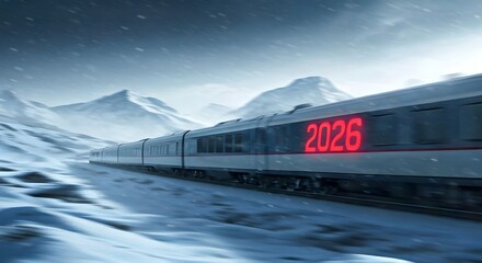 Winter, snowfall, blizzard. A high-speed train rushes across the vast expanses of the country. Speed, blurry image. Large red numbers on the train read 2026.
