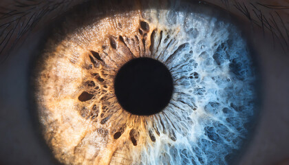 Extreme Close-Up Macro View of a Human Iris, Showing Intricate Details in Warm Brown and Cool Blue Tones