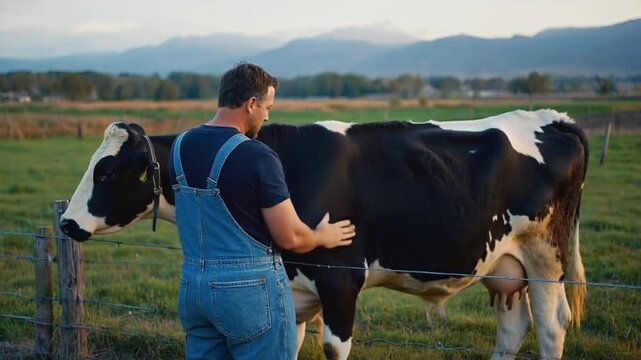 Farmer caressing a cow.