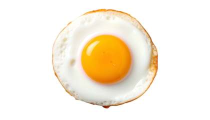 Overhead shot of a sunny-side-up egg with a bright yolk and white edge, isolated