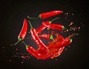 Vibrant red chili peppers floating in mid-air with splashes
