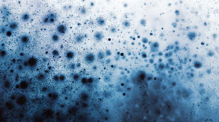 Abstract Microscopic View Of Dark Tiny Particles Floating In Deep Blue Fluid 