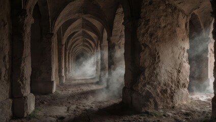 Obraz premium Mysterious Arched Hallway with Stone Pillars and Ethereal Light.