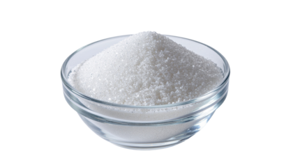 White powder substance inside a clear glass bowl, possibly sugar or flour, with soft focus appearance isolated on white