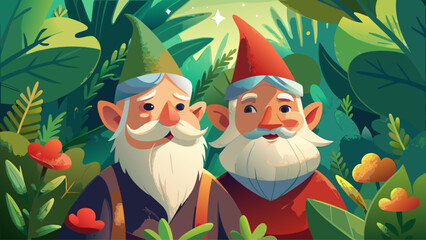 Very beautiful close-up scene of two adorable garden gnomes with soft white beards and bright hats, surrounded by lush greenery, evoking charm, innocence, and a peaceful woodland fantasy.
