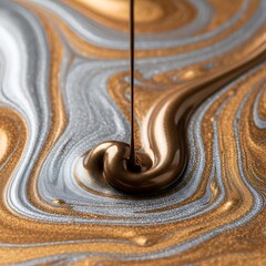 A close up of chocolate cake with a wood texture background featuring a flowing brown liquid swirl and a wet ripple pattern