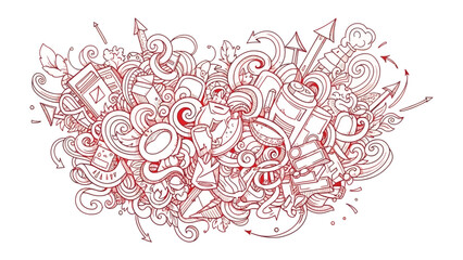 Whimsical Coffee Doodle: A vibrant, hand-drawn illustration featuring a delightful array of coffee-related elements, perfect for adding a touch of whimsy and creativity to your designs. © hafeza