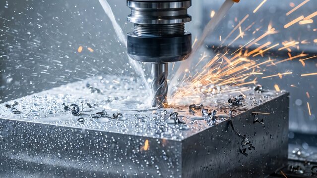 Metalworking precision CNC milling machine cutting metal block with coolant and sparks