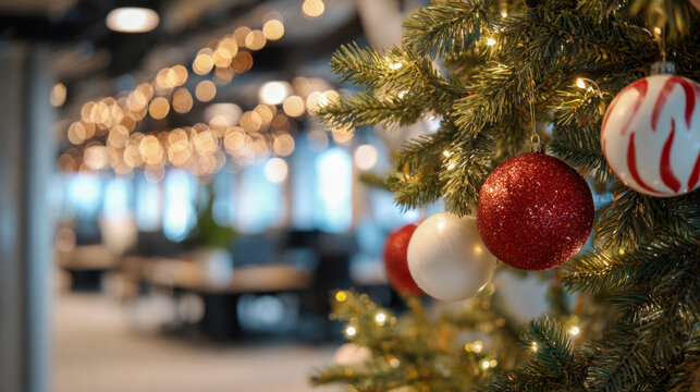 Festive close-up of decorated pine tree branches with glowing lights and shiny ornaments in a warmly lit modern office space during the holiday season - Powered by Adobe