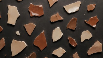 Broken ceramic pieces scattered on a dark surface, creating a textured background.