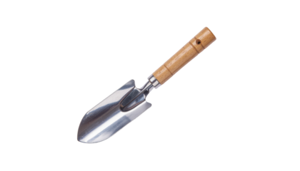 Gardening trowel with a metallic scoop and a light brown wooden handle tool for digging and planting in soil pure white background cutout