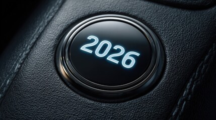 Futuristic Car Start Button with "2026" on Black Leather, Blue and White Lighting, Tech Design.