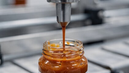 Narrowneck jar filling nozzle releasing thick sauce with controlled steady stream focusing on the streamlined tip and jar compatibility in highspeed production.