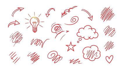 Creative Elements: A collection of hand-drawn arrows, light bulb, clouds, stars, and swirls in a vibrant, artistic style. This illustration is perfect for adding a touch of creativity to any project.