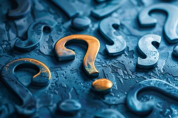 One golden question mark stands out from a group of silver question marks, symbolizing unique ideas and solutions