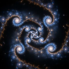 A vibrant spiral galaxy glows in the deep space of the dark cosmos, surrounded by shimmering stars and a blue nebula within the vast astronomy of the infinite universe