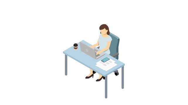 アイソメトリックイラスト：PCを使って仕事をするスーツ女性(夏)