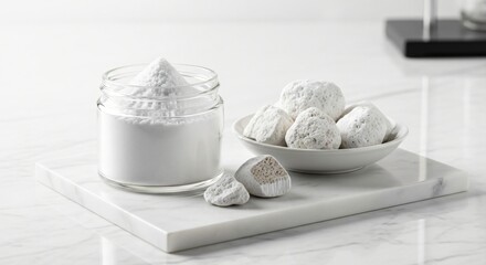 White powder in glass jar and white textured stones in bowl on marble white stones