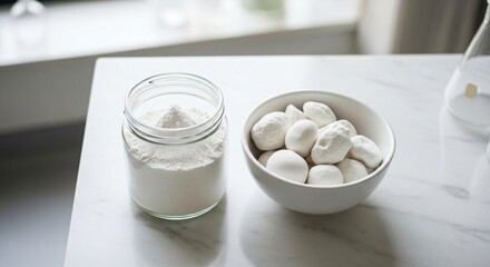 White powder in glass jar next to bowl of white rounded objects on marble surface