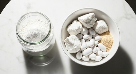 White confectionery elements including sugar coated almonds nougat pieces and granulated sugar in a bowl next to a jar