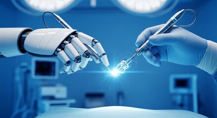 Robotic arm and gloved hand interact with medical device emitting light in surgery environment
