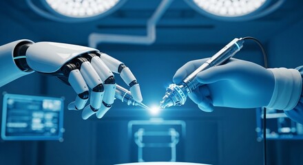 Robotic arm and gloved human hand hold surgical instruments in a sterile operating room