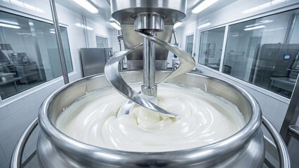 Industrial mixer blending creamy white substance in sterile production facility