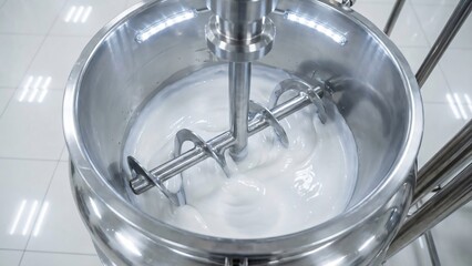 Industrial mixer blending white creamy substance inside a stainless steel tank