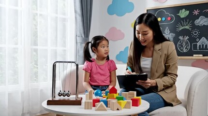 Female Child Psychologist Engages Young Girl in Playroom Therapy Session with Building Blocks and Newton's Cradle