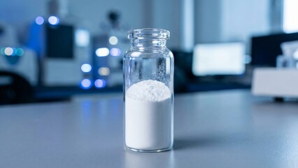 A clear glass vial filled with white powder sits on a laboratory desk with a blurred background