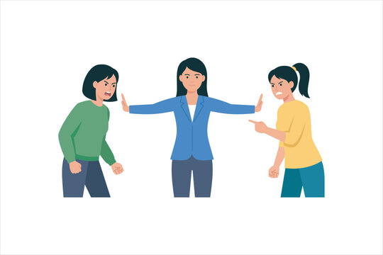 Flat vector illustration of a woman mediating a conflict between two angry women, stopping an argument with open arms, concept of conflict resolution, communication, teamwork. Vector illustration.